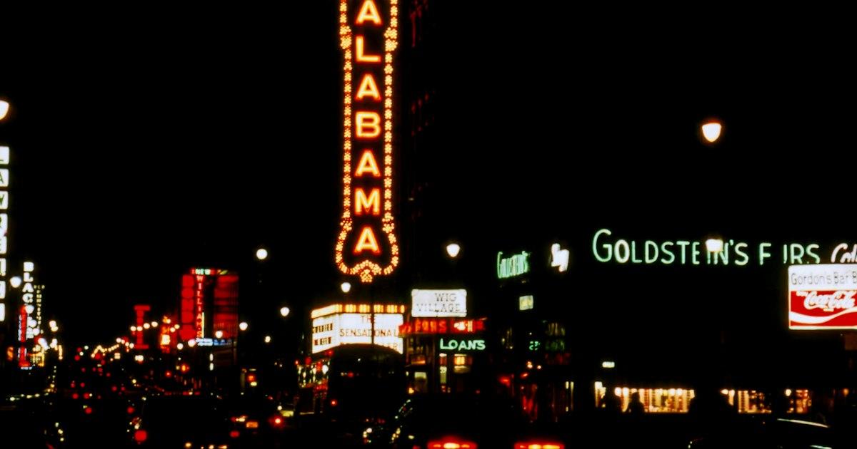 Night street scene in Birmingham, Alabama