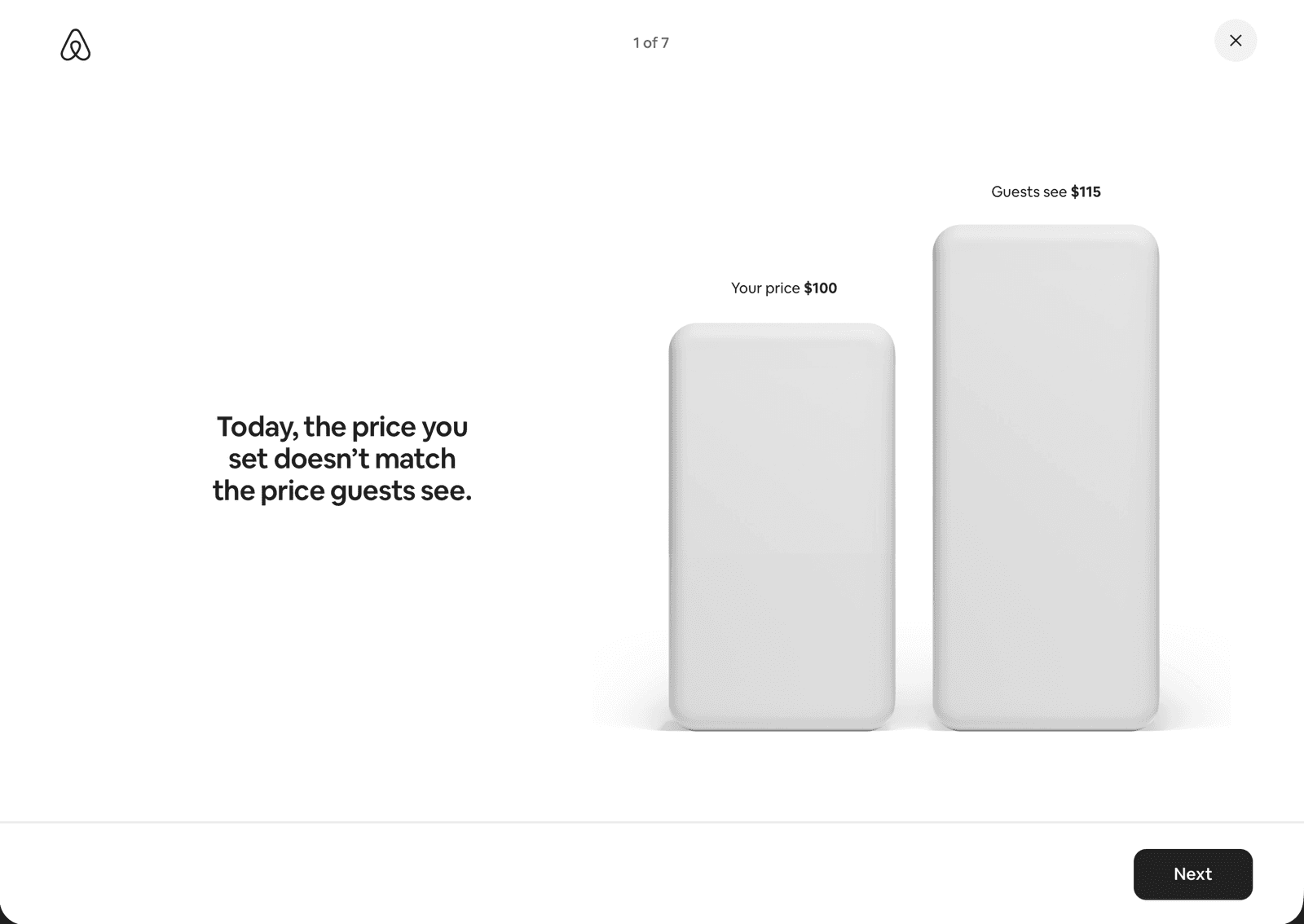 Airbnb Service Fee Update, screen 1 of 7: two bars comparing your price of $100 with the $115 guests see