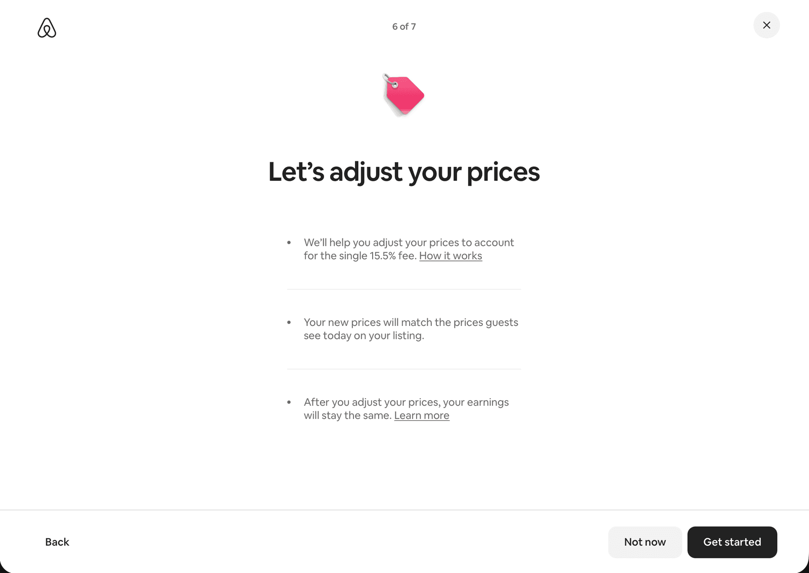 Airbnb Service Fee Update, screen 6 of 7: "Let's adjust your prices" with three bullet points and "Not now" and "Get started" buttons