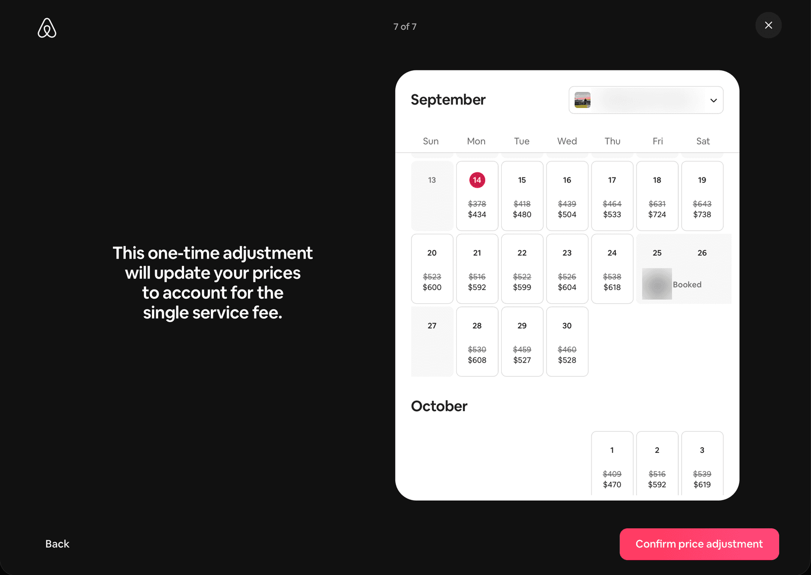 Airbnb Service Fee Update, screen 7 of 7: a calendar showing old and new nightly prices for every open night, with a "Confirm price adjustment" button