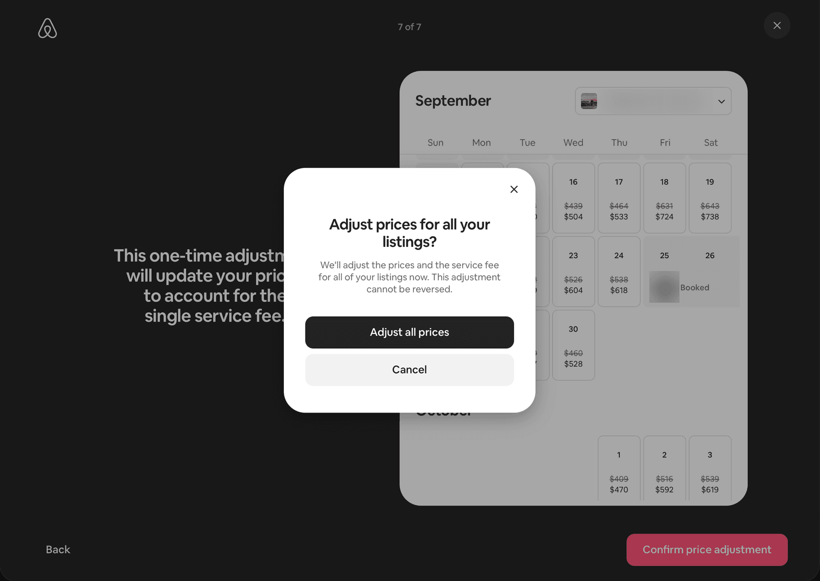 Airbnb confirmation pop-up: "Adjust prices for all your listings? This adjustment cannot be reversed." with Cancel and Confirm buttons
