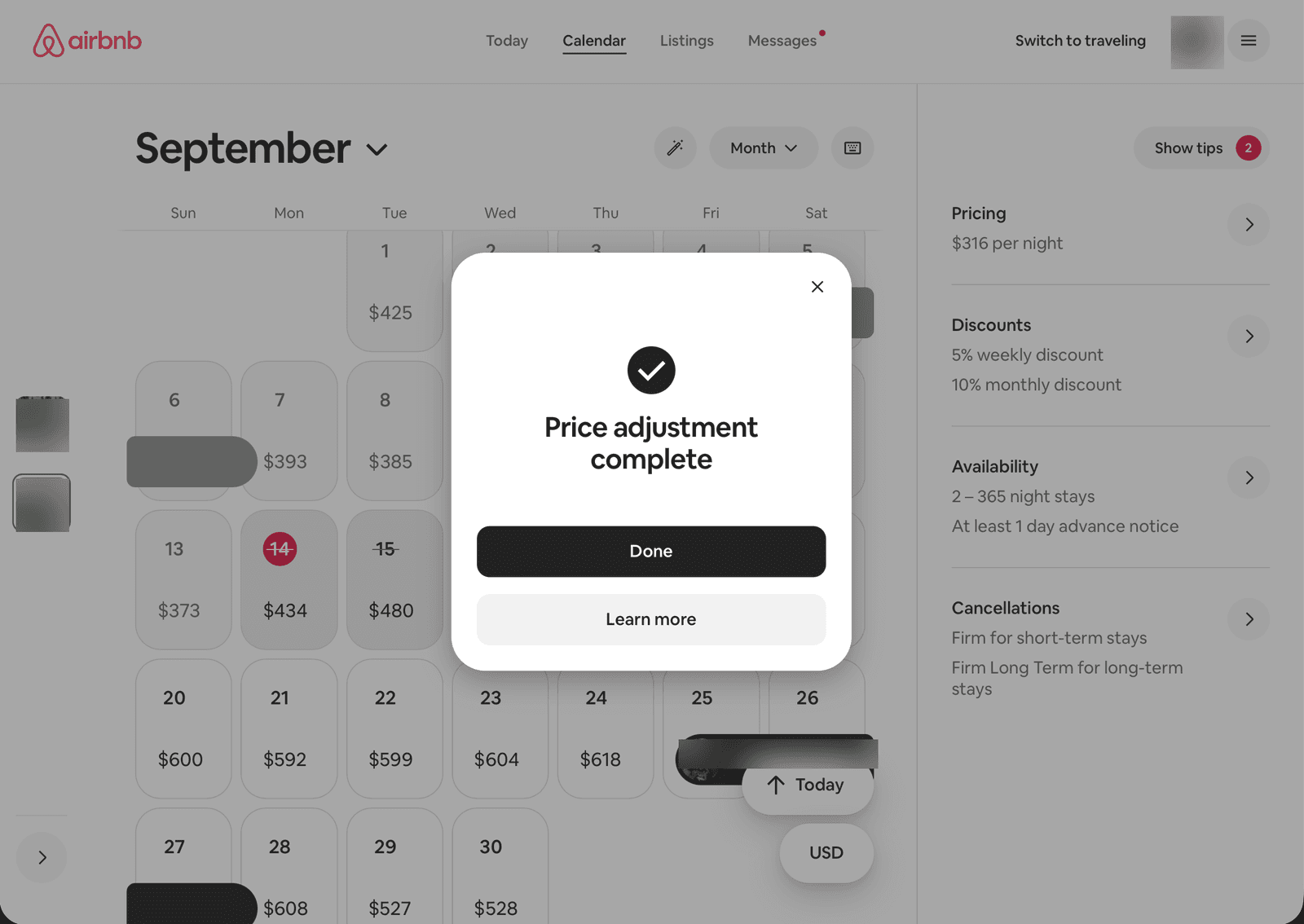Airbnb "Price adjustment complete" screen with the updated calendar and a "Learn more" link