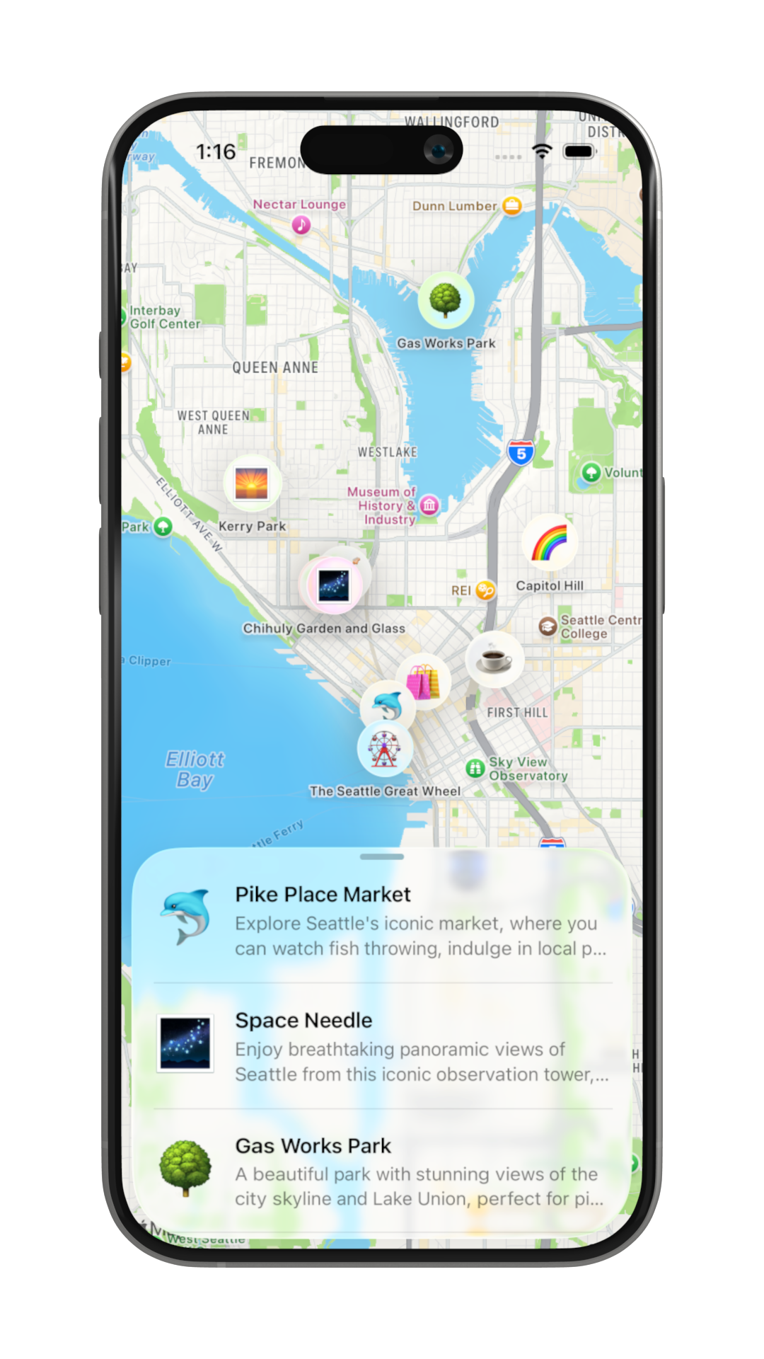 Dynamic Recommendations — Nearby tab with emoji map pins and recommendation cards